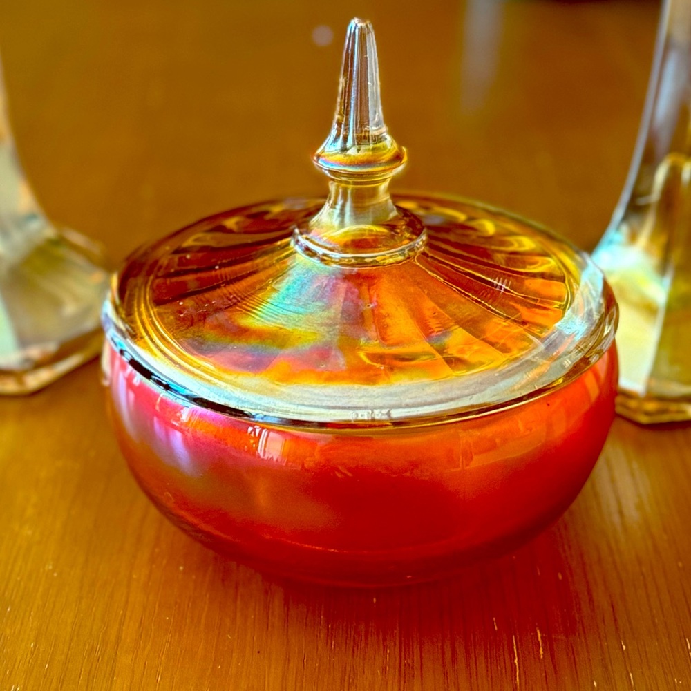 Vintage Marigold Carnival glass candy dish with lid